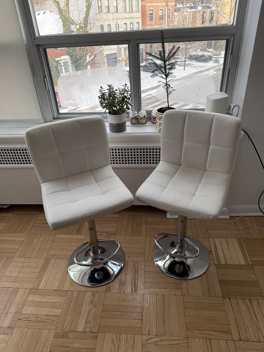 Pair of White PU Leather Bar Stools