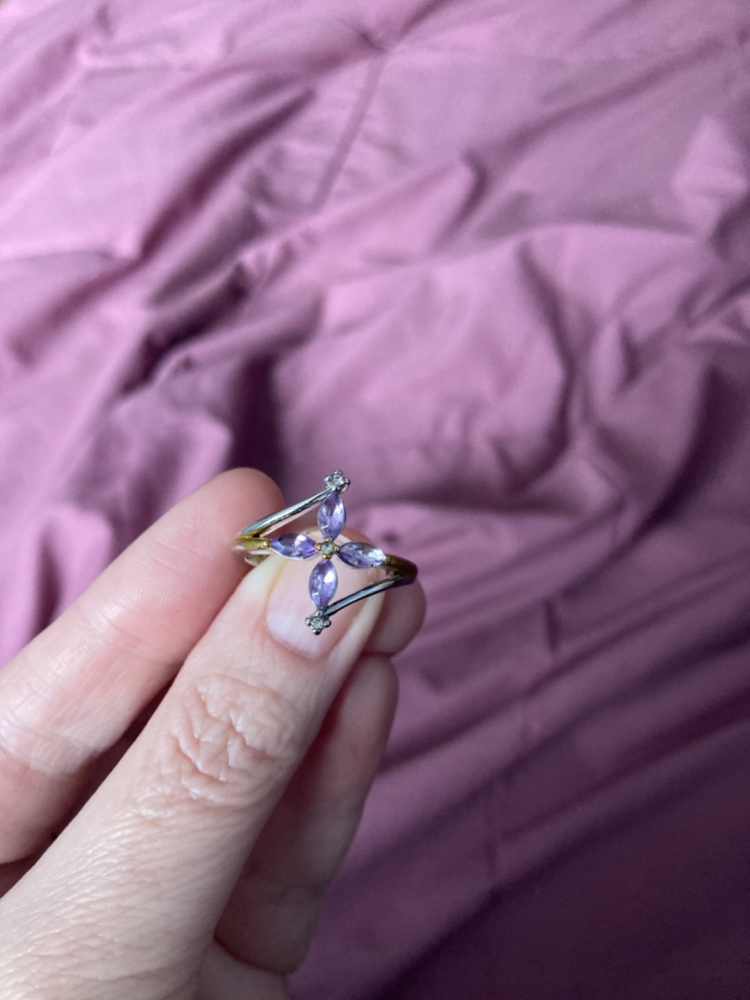 Purple and White stoned Flower Ring