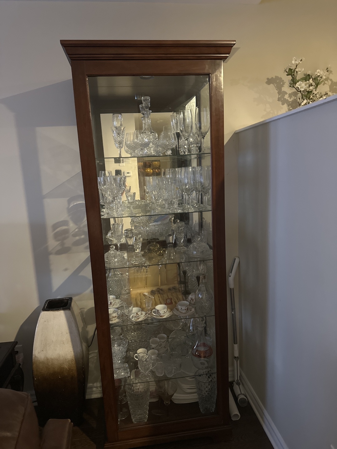 Tall Wooden Curio Cabinet with Glass Shelves
