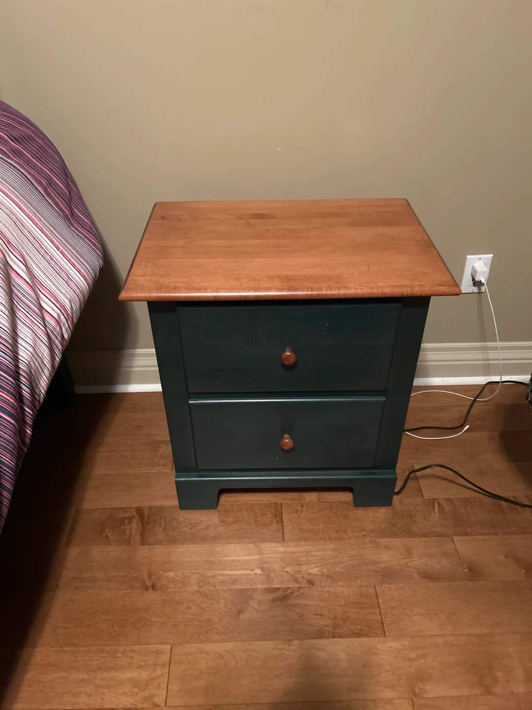 Two-Drawer Nightstand - Dark Green with Light Wood Top thumbnail