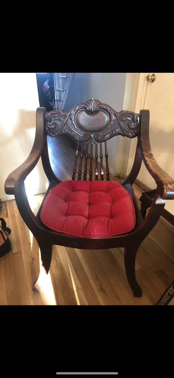 Antique Wooden Armchair with Red Cushion