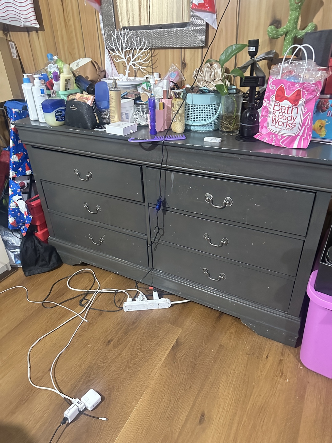 Dark grey six-drawer dresser