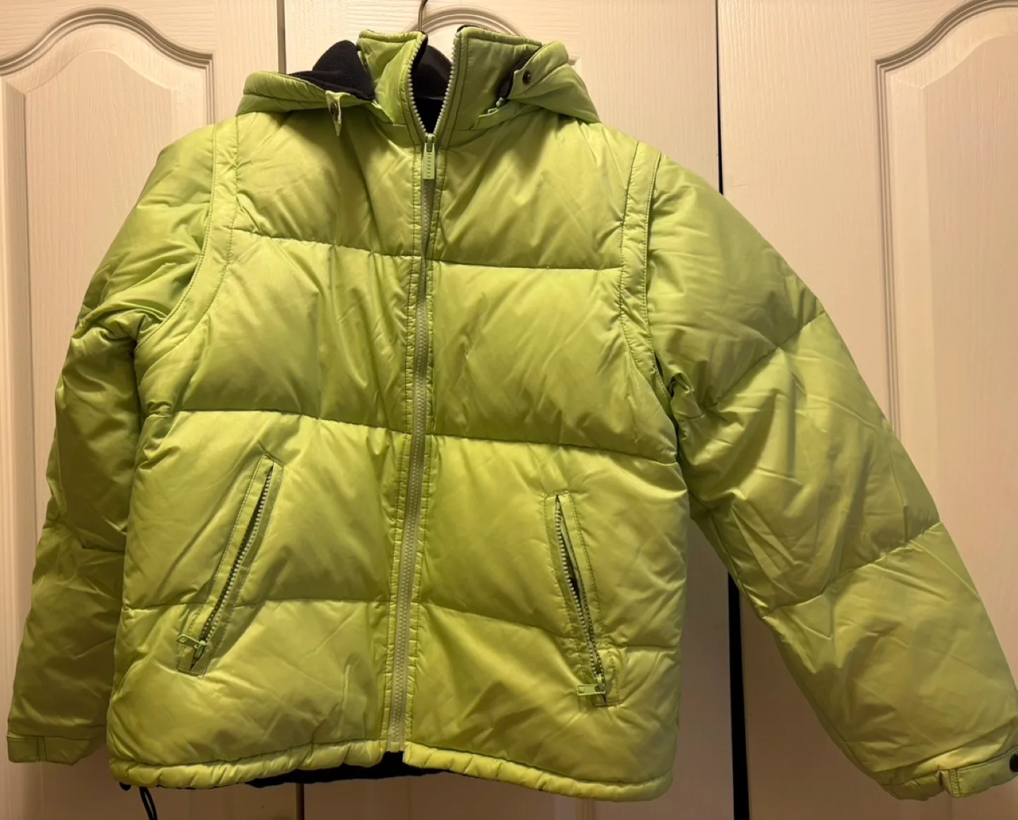 Lime Green Puffer Jacket with removable Hood and sleeve image indicator(2)