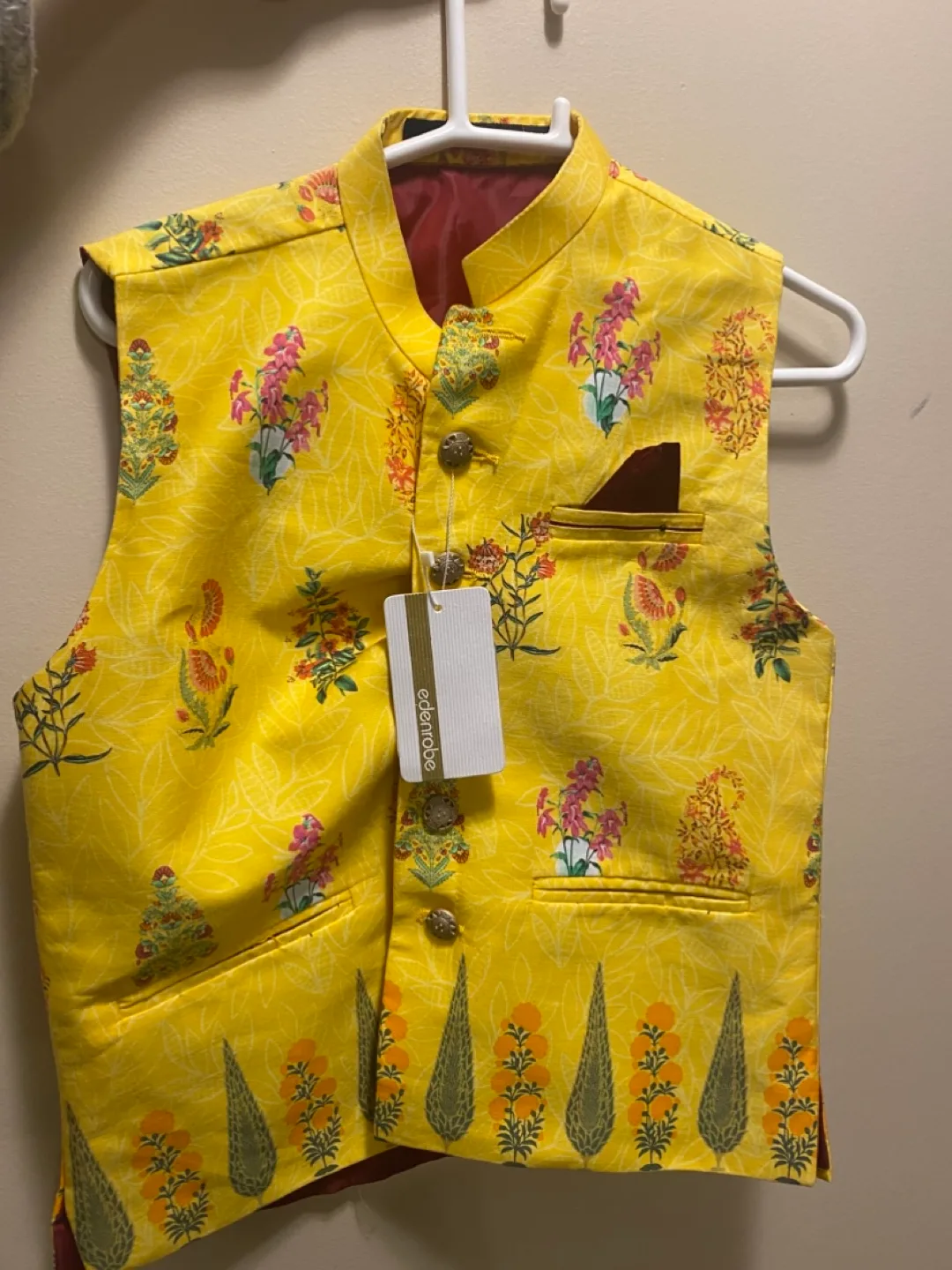 Edenrobe Boys' Yellow Floral Nehru Jacket, Size 9-10Y thumbnail