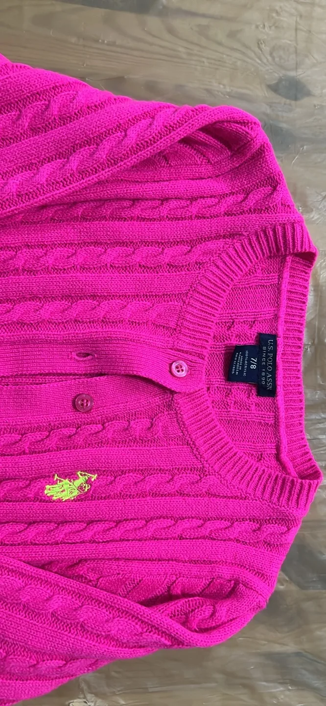 US Polo Assn. Girls Pink Cable Knit Cardigan Sweater Size 7/8 image indicator(2)