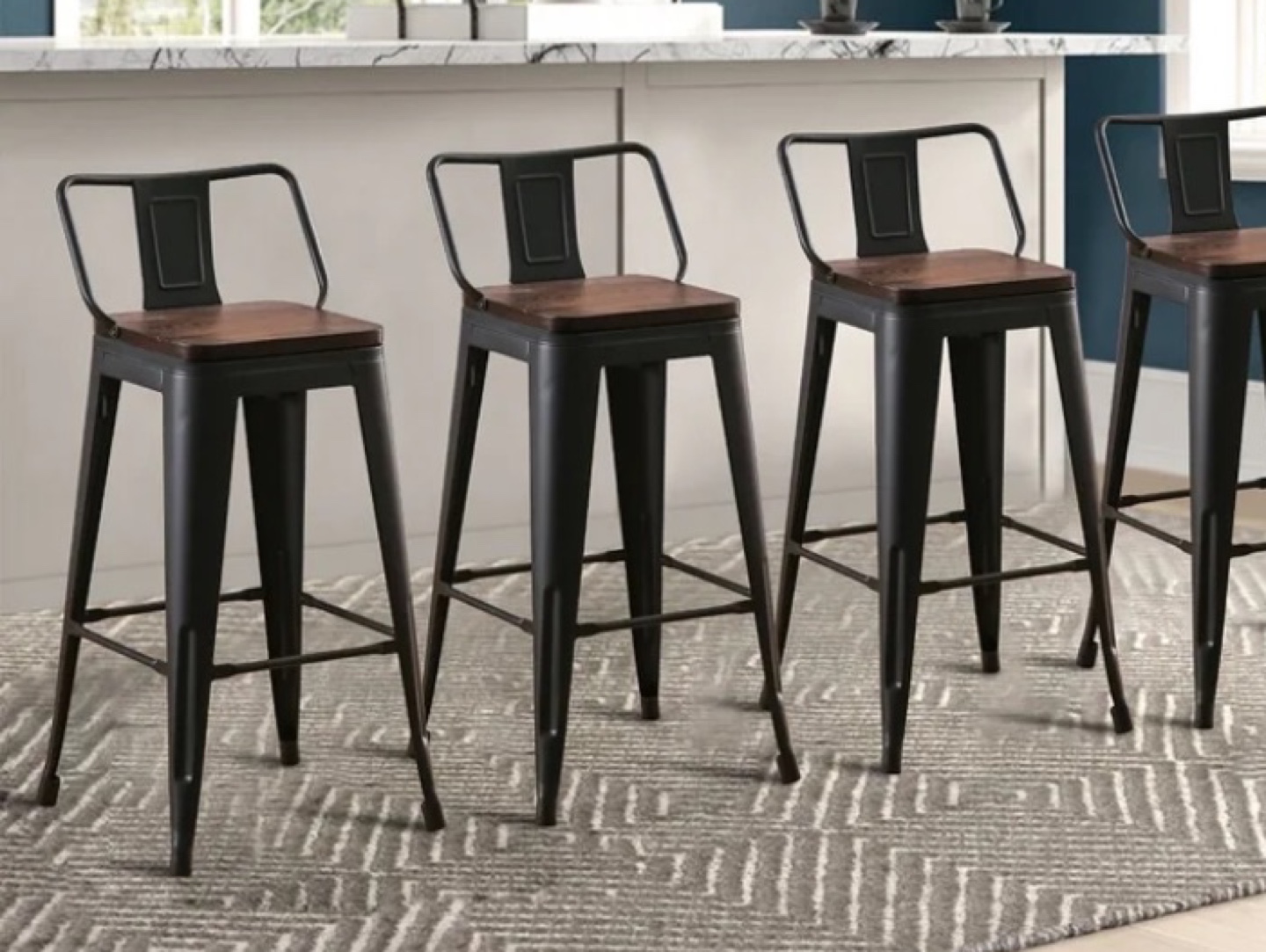 Set of Four Black Metal and Wood Bar Stools