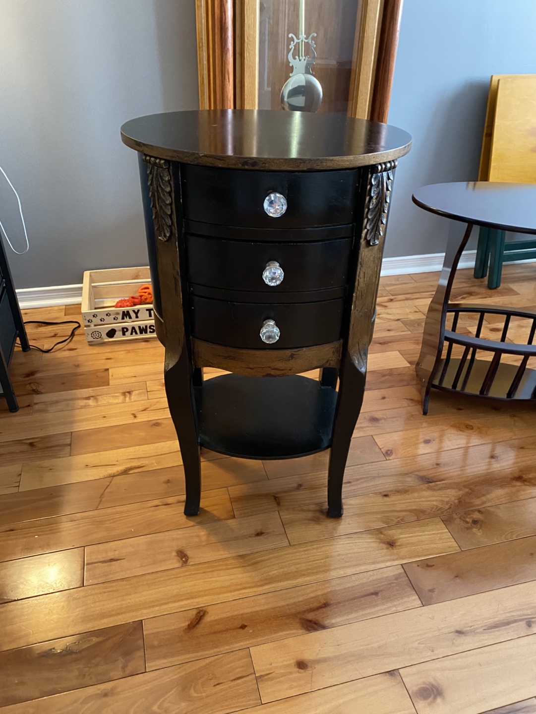 Black and Gold Round Accent Table with Three Drawers