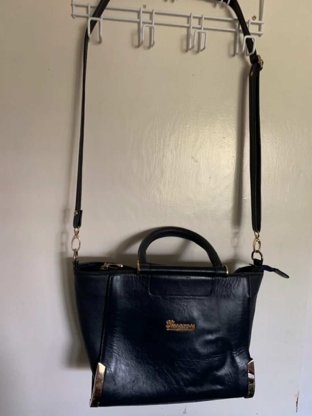 Leather navy blue handbag image indicator(2)