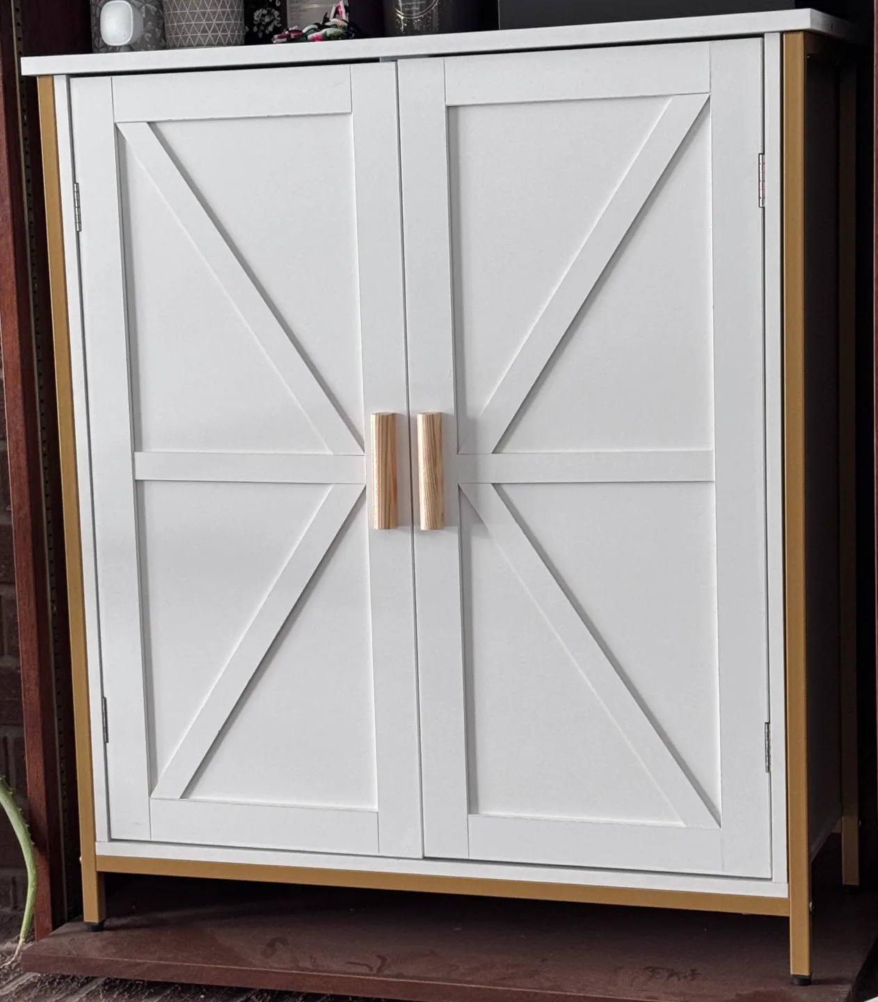 White Farmhouse Cabinet with Gold Accents