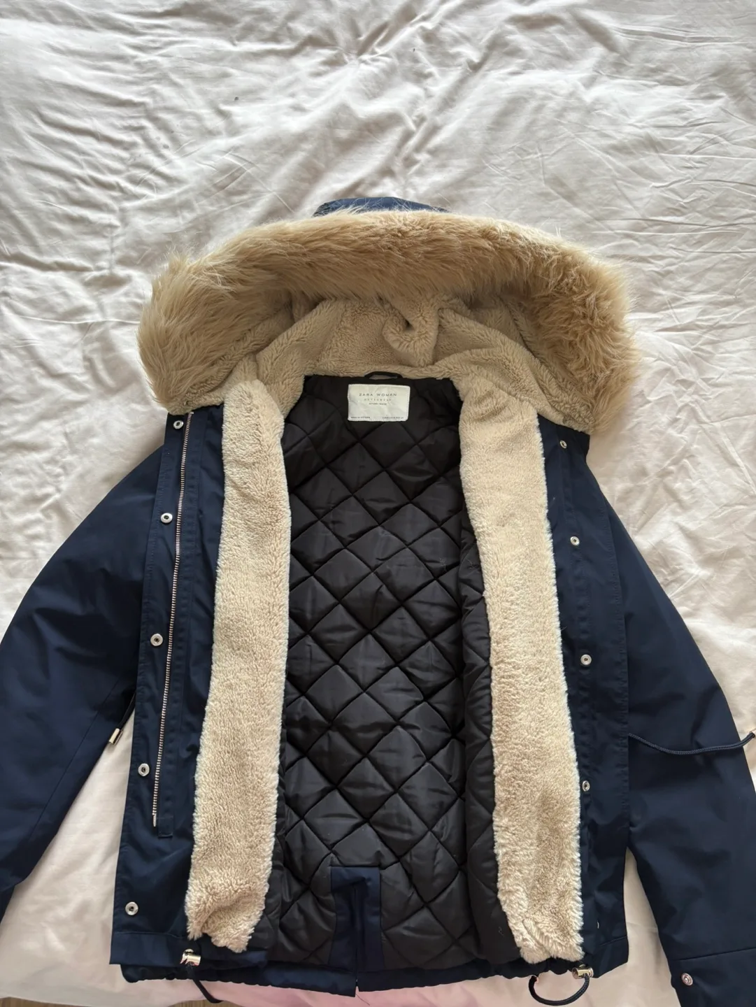 Zara Woman Navy Blue Winter Parka with Faux Fur Hood - Size XS image indicator(2)