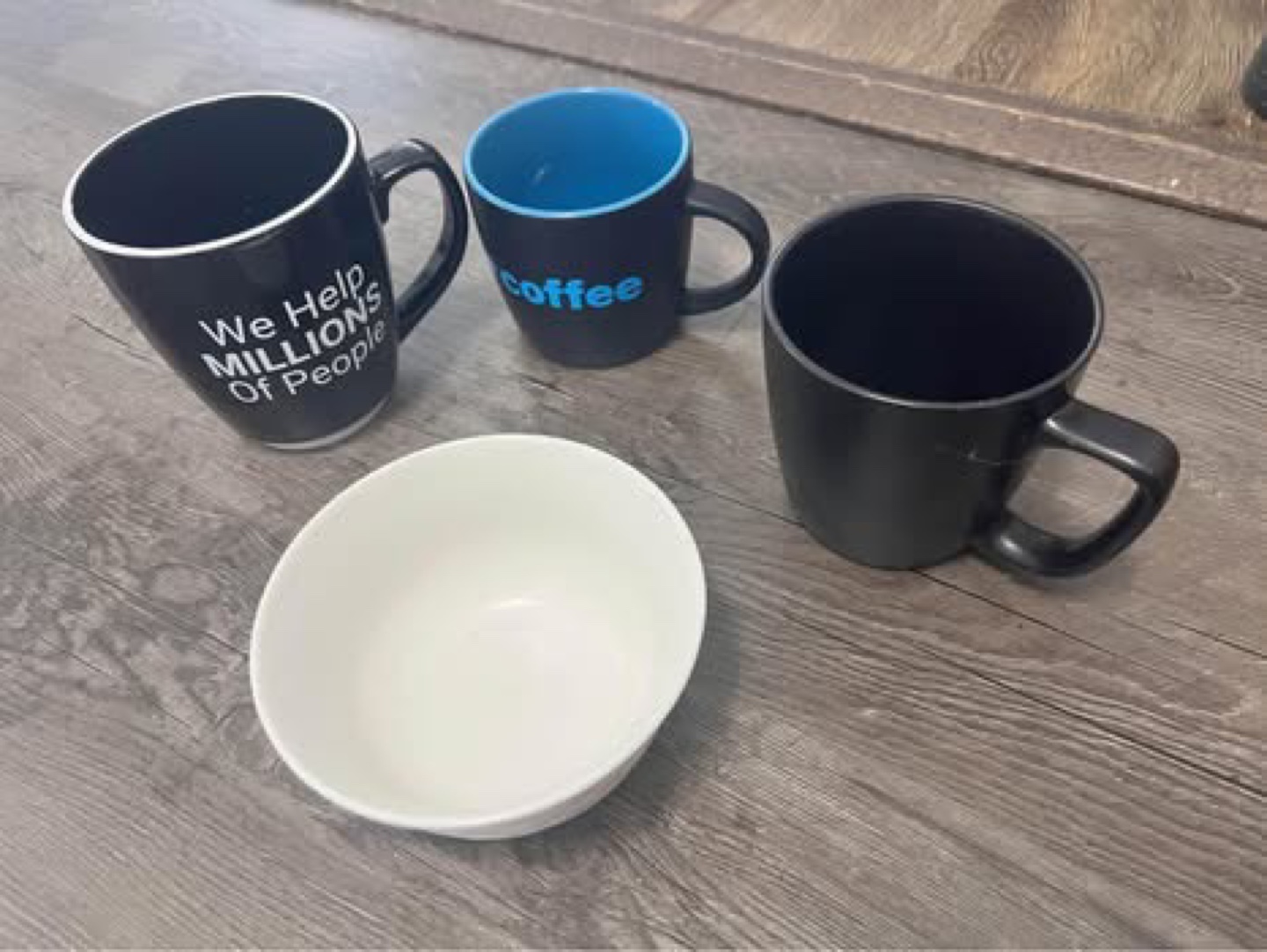 Three mugs and a bowl