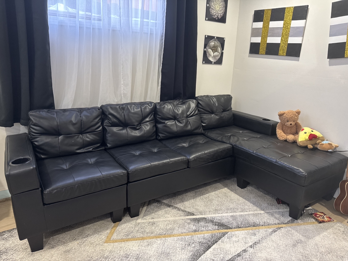 Black Leather Sectional Sofa with Cup Holders