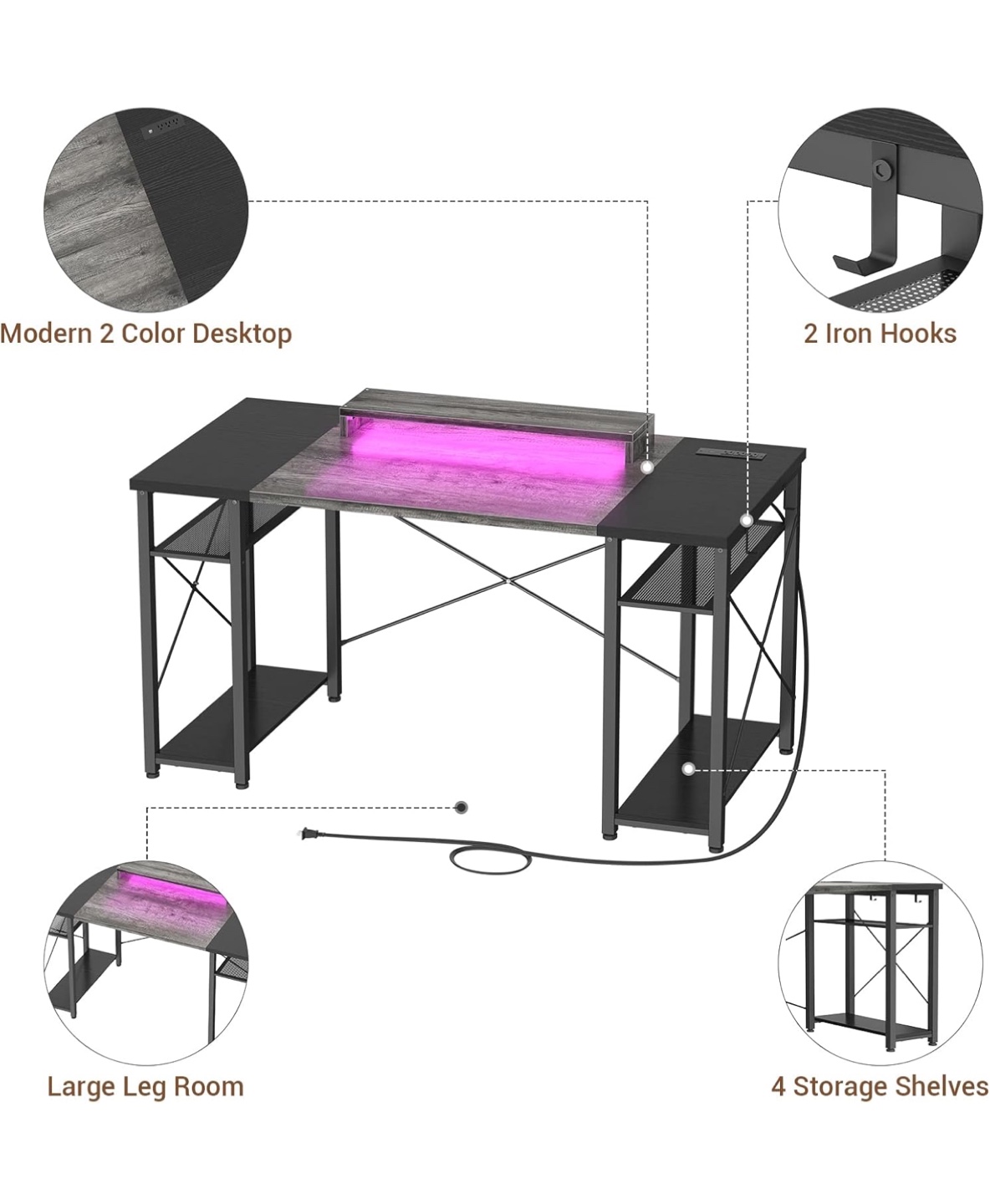 Gaming Desk with LED Lights and Storage Shelves - photo 3