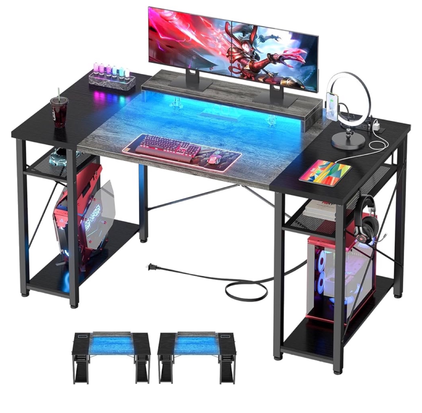 Gaming Desk with LED Lights and Storage Shelves