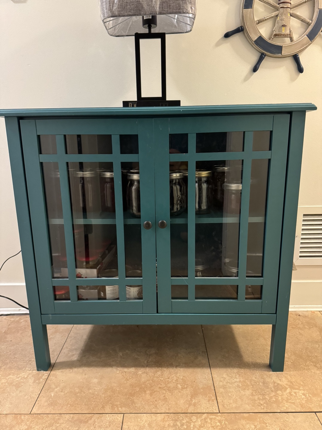 Teal Wooden Cabinet with Glass Doors