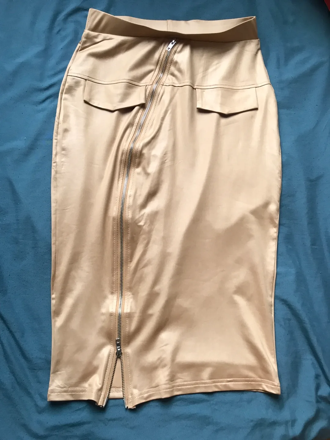 Women's Beige Faux Leather Pencil Skirt image indicator(2)