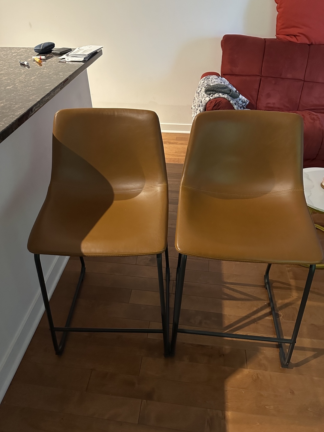 Pair of Brown Leather Counter Stools