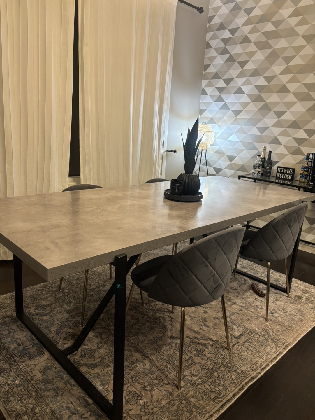 Modern Concrete Dining Table with Four Velvet Chairs