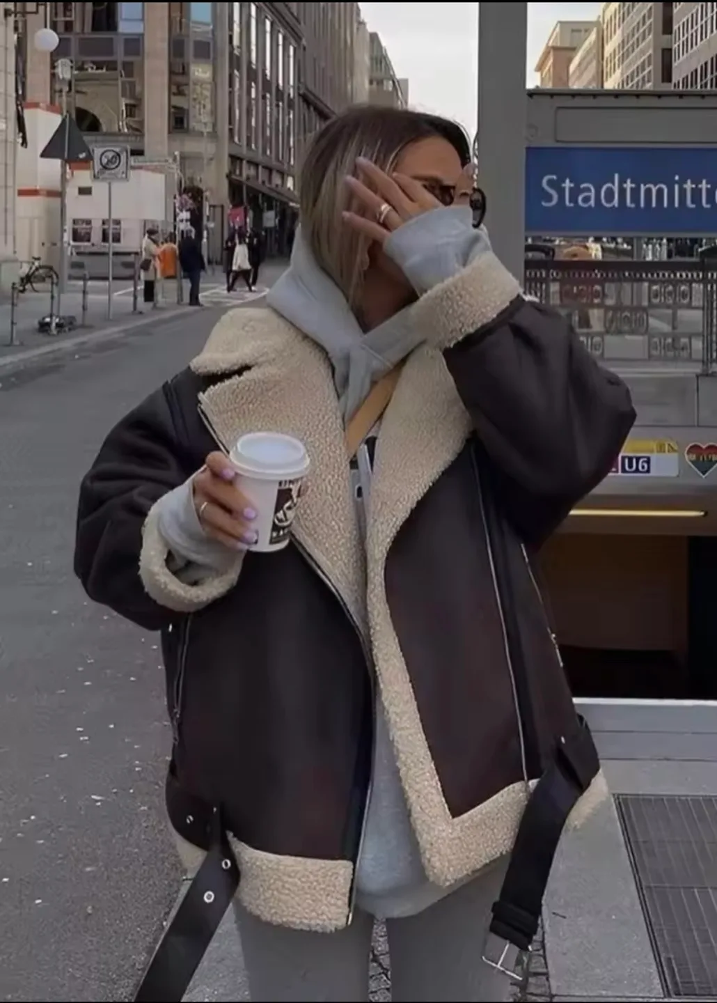 Oversized Brown Aviator Jacket with Sherpa Lining thumbnail