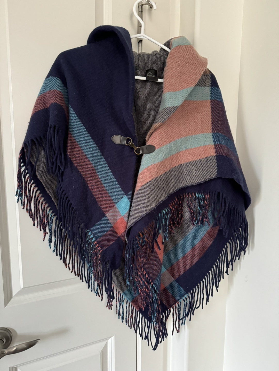 Cozy hooded poncho with plaid pattern