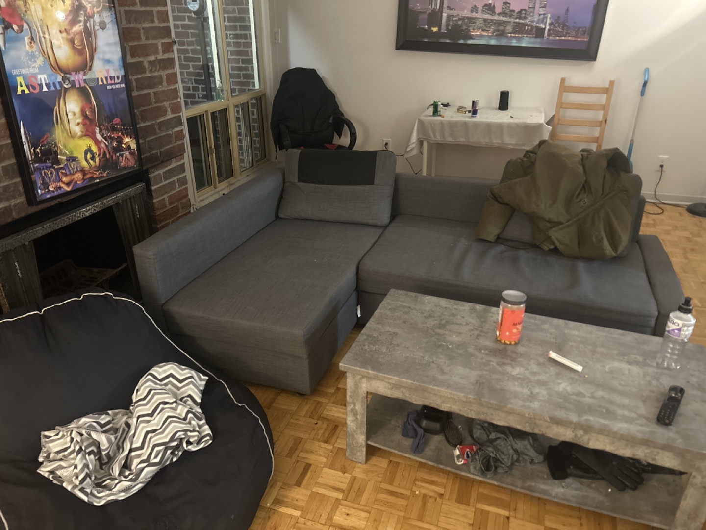 Grey Sectional Sofa, beem bag and table