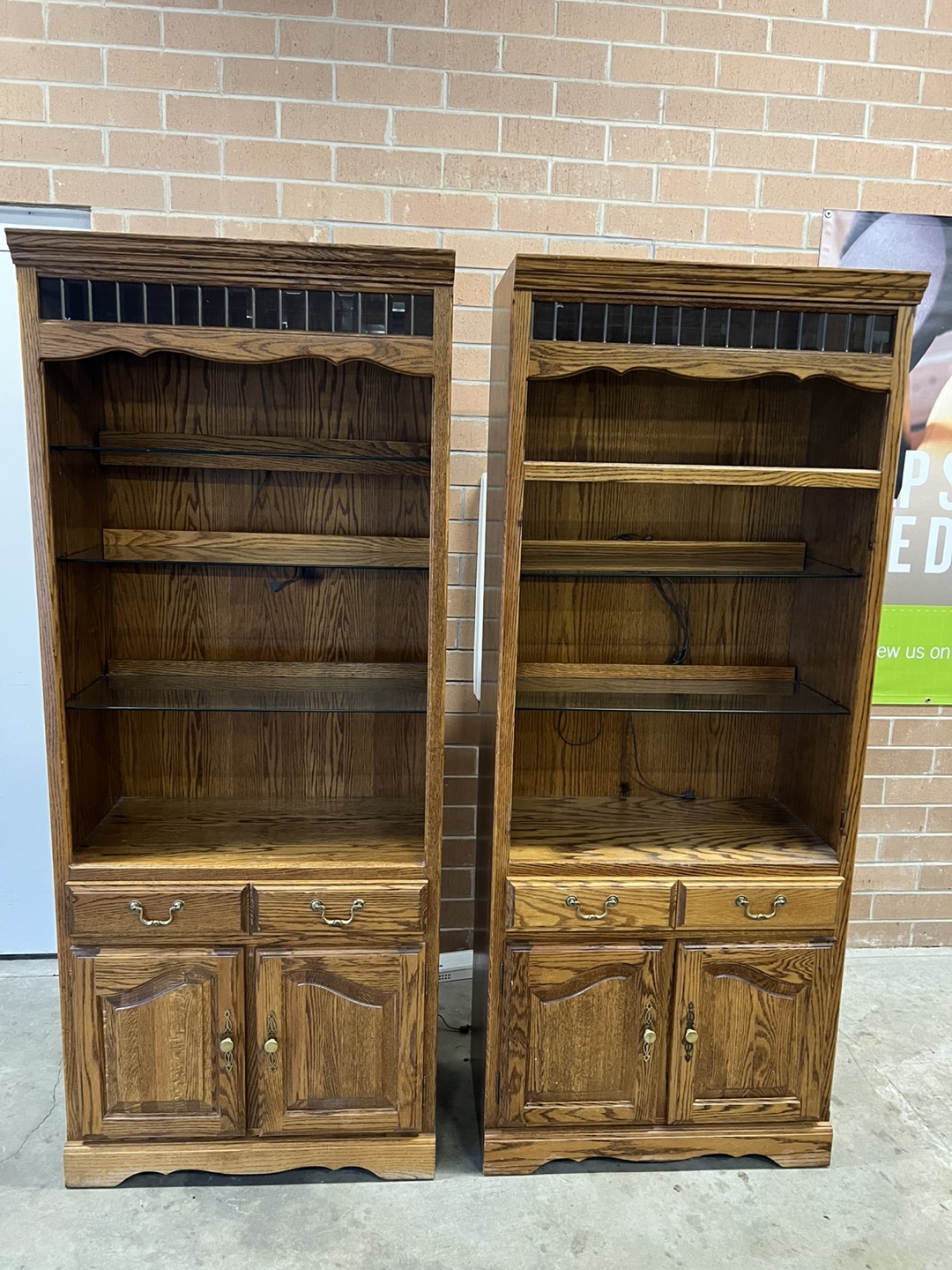 Pair of Oak Wood Bookcases with Glass Shelves