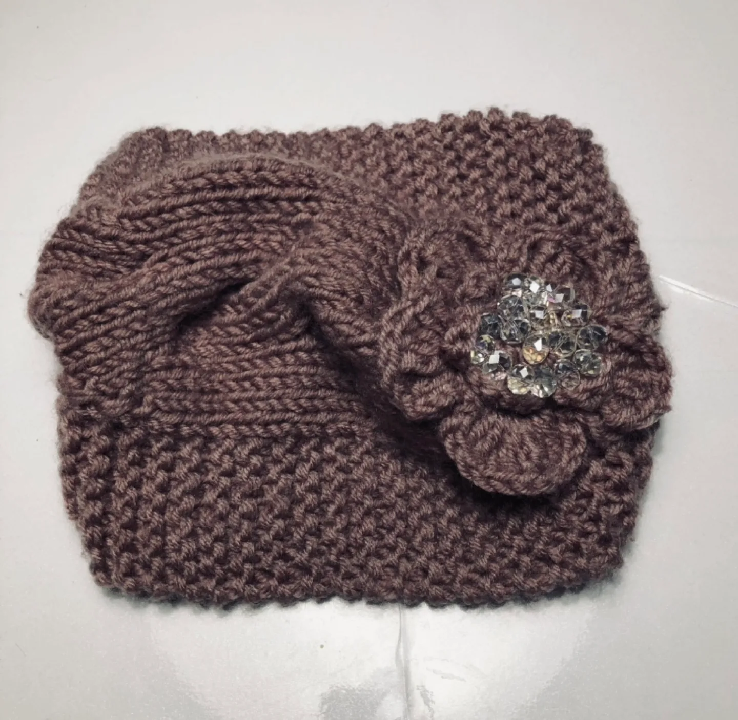 Knitted Ear Warmer Headband with Crystal Flower Detail image indicator(4)
