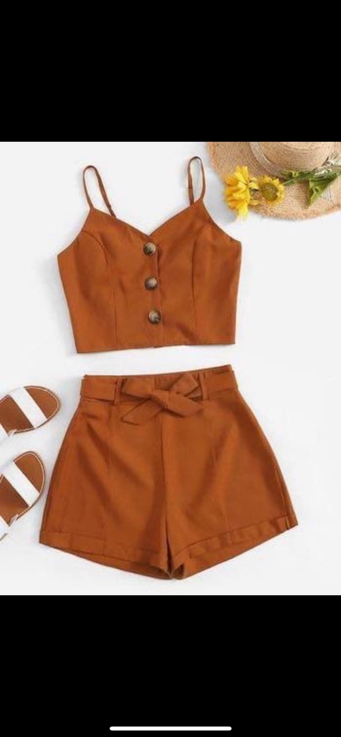 Rust-coloured Button-up Crop Top and Shorts Set