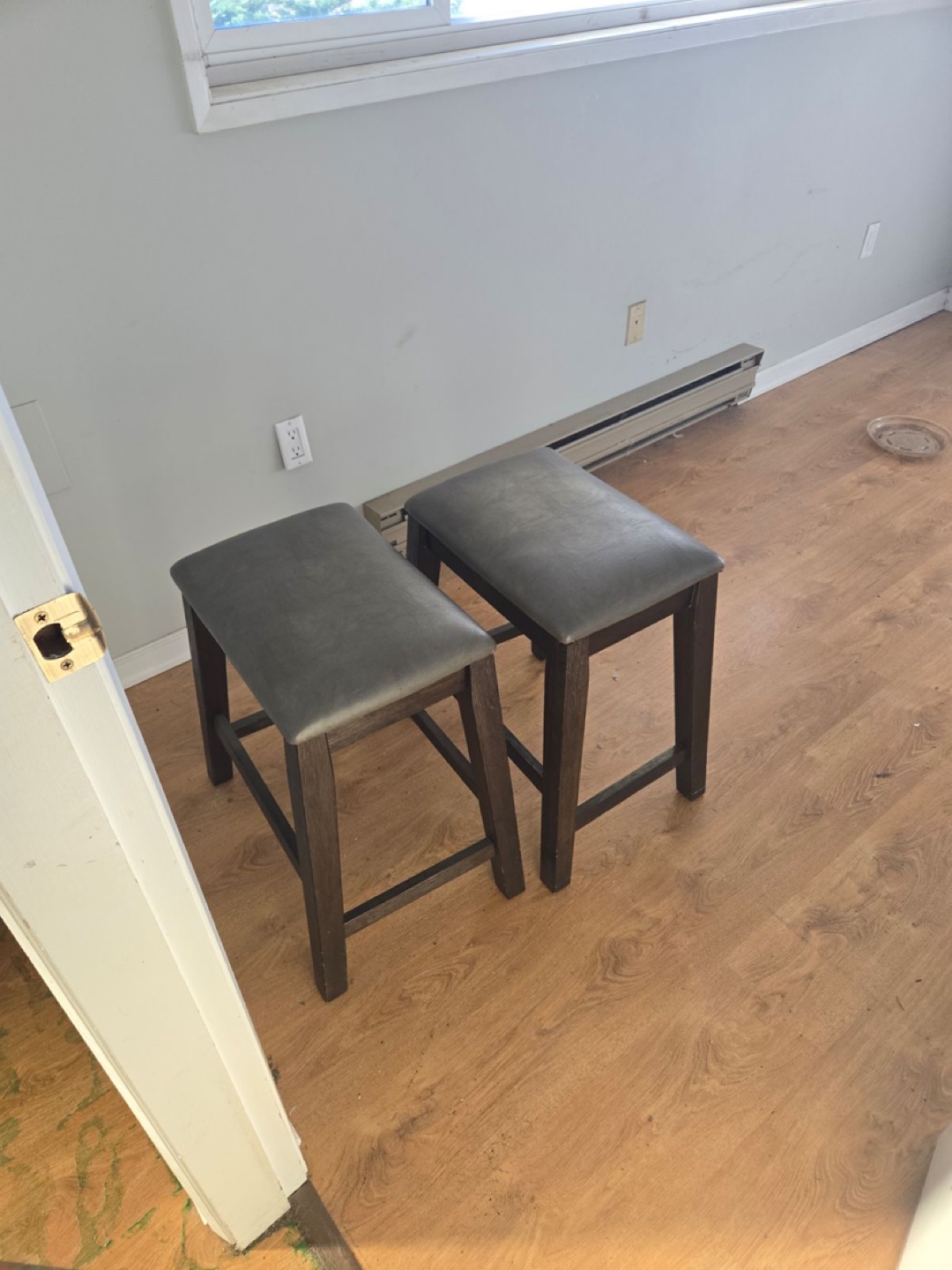Pair of Dark Brown Stools with Grey Cushions
