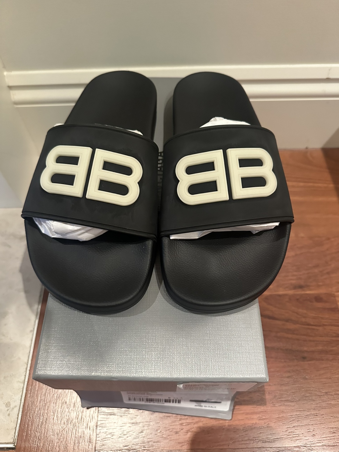 Balenciaga Men’s Pool Slide Sandals - Black/Glow - Size 39