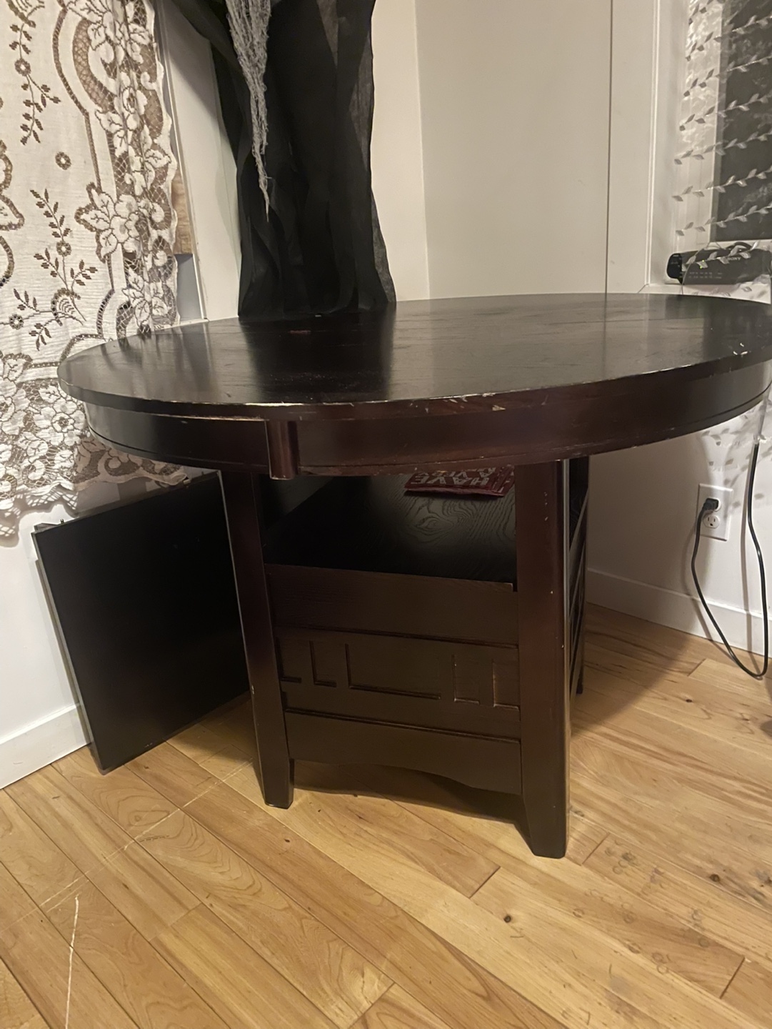 Round Dark Wood Pub Table with Storage