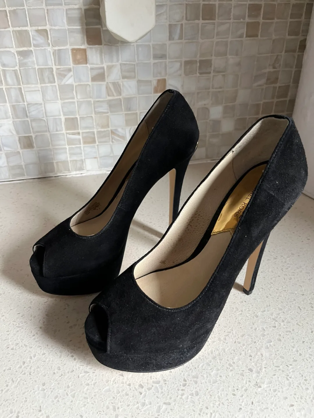 Michael Kors Black Suede Peep-Toe Platform Heels image indicator(4)