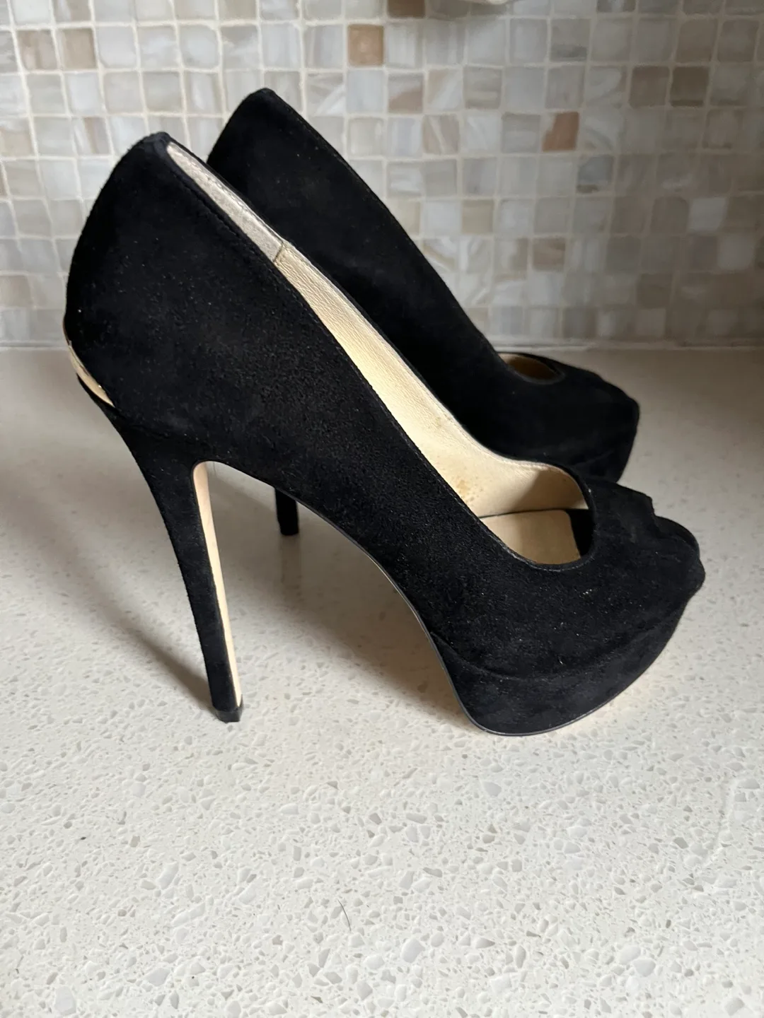 Michael Kors Black Suede Peep-Toe Platform Heels image indicator(3)