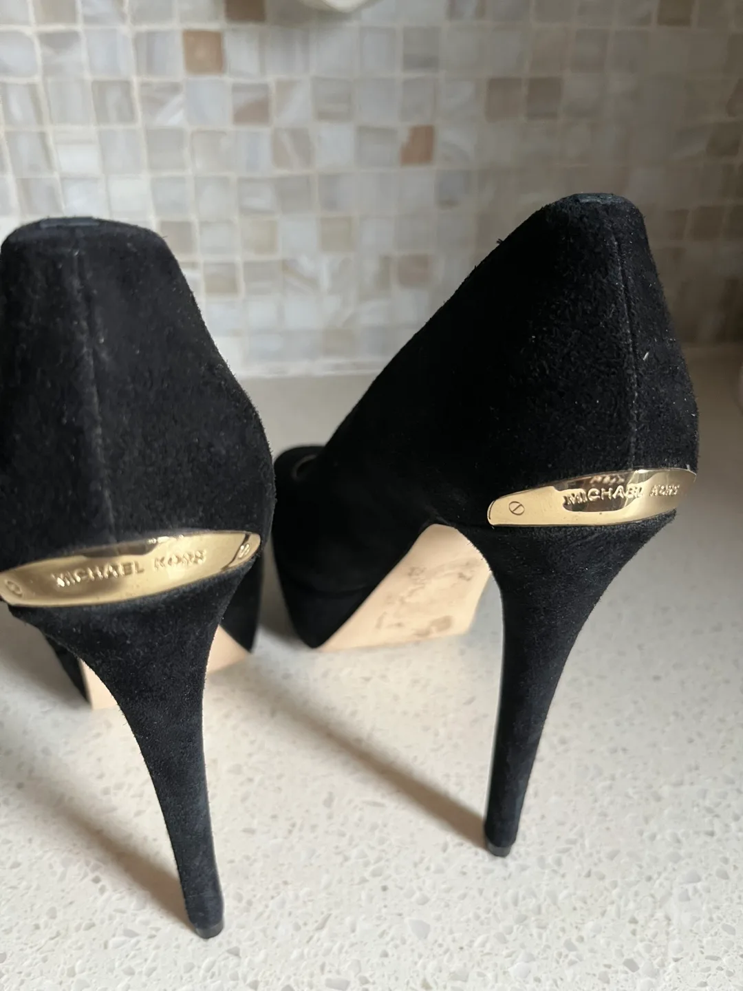 Michael Kors Black Suede Peep-Toe Platform Heels image indicator(5)