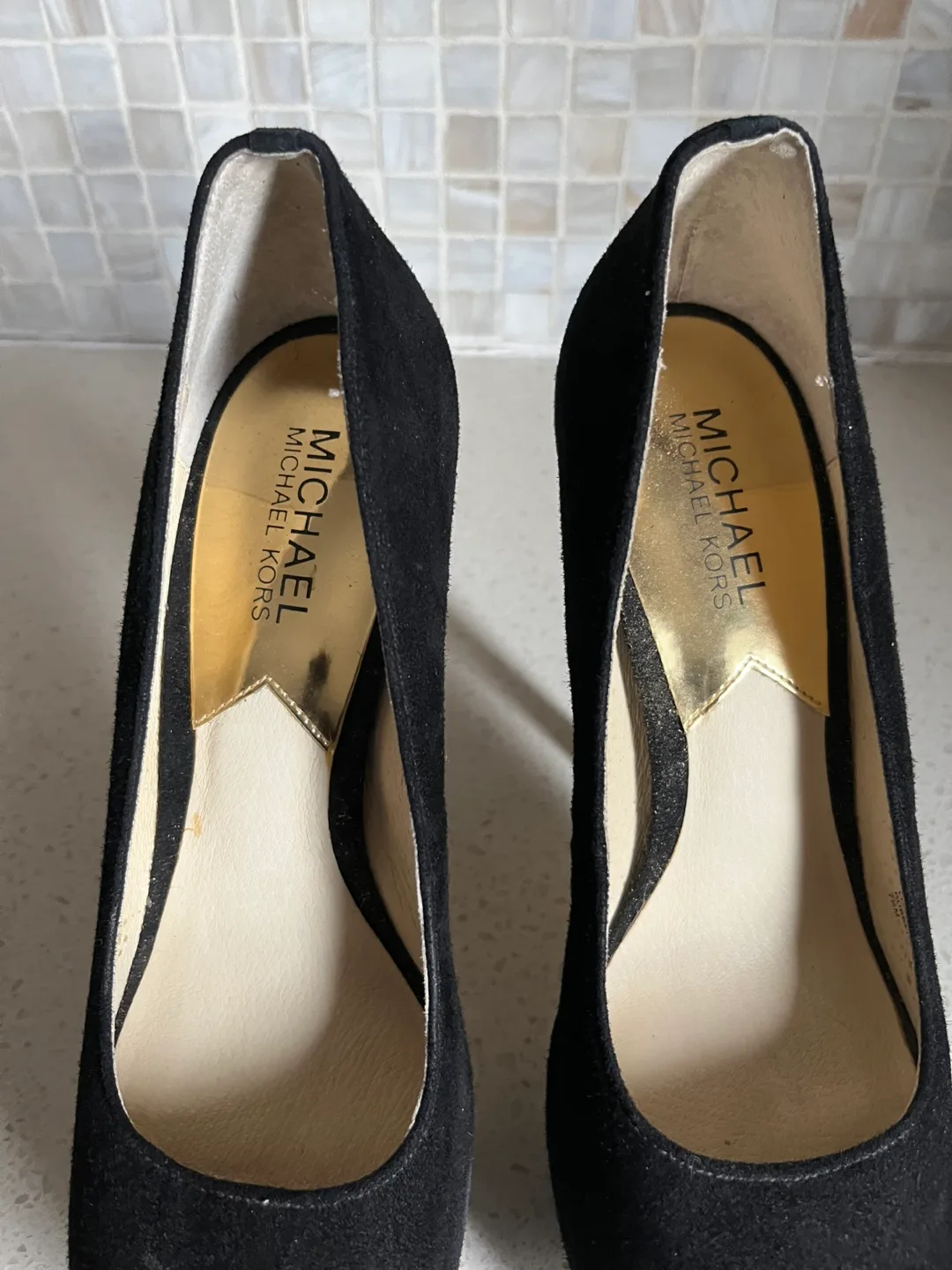 Michael Kors Black Suede Peep-Toe Platform Heels image indicator(2)