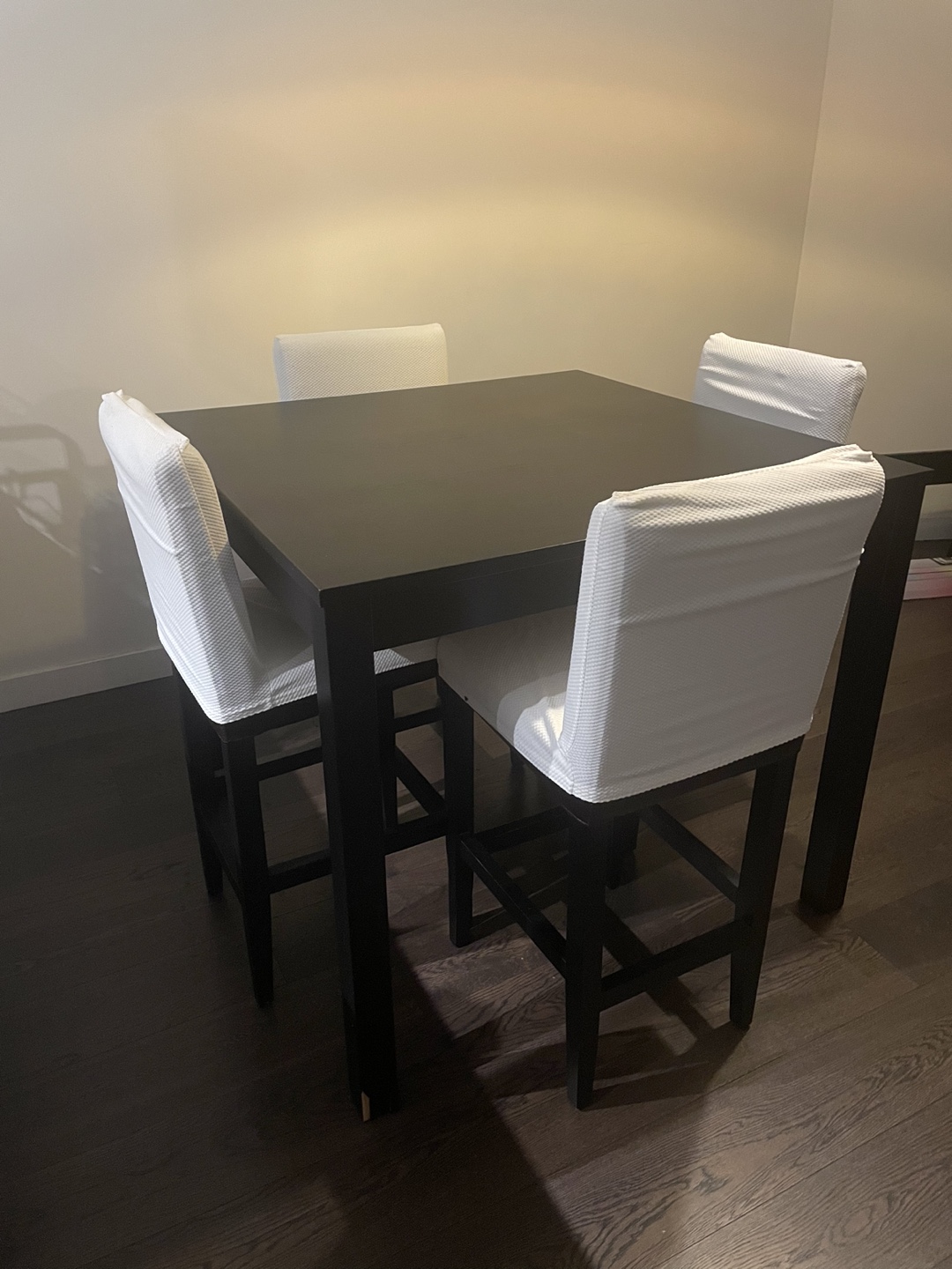 Black Square Dining Table with Four Stools