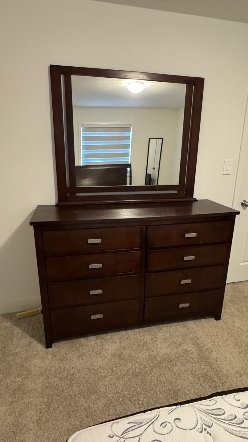 Dark Brown Wooden Dresser with Mirror