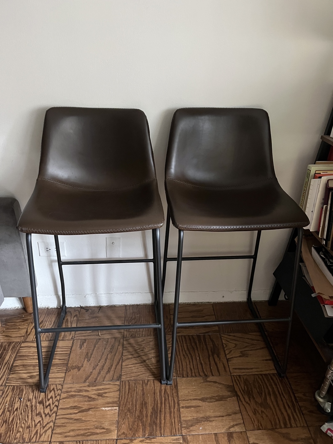 Pair of Brown Leather Bar Stools