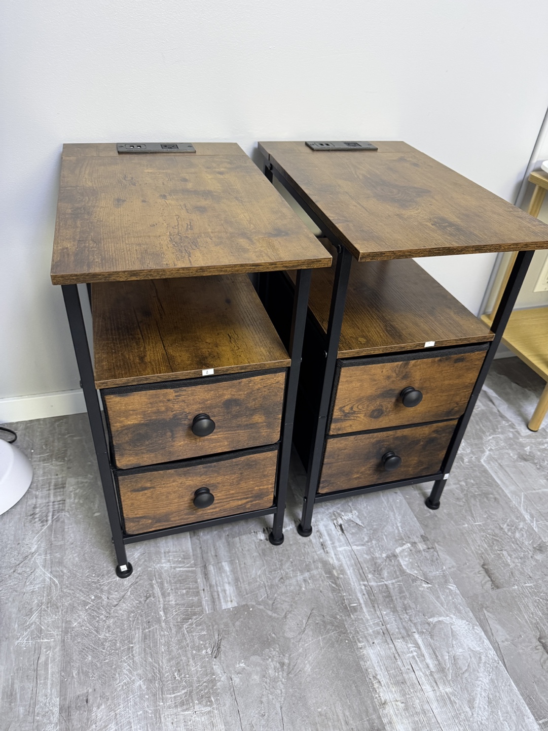 Pair of Industrial Style Nightstands with Built-in Outlets