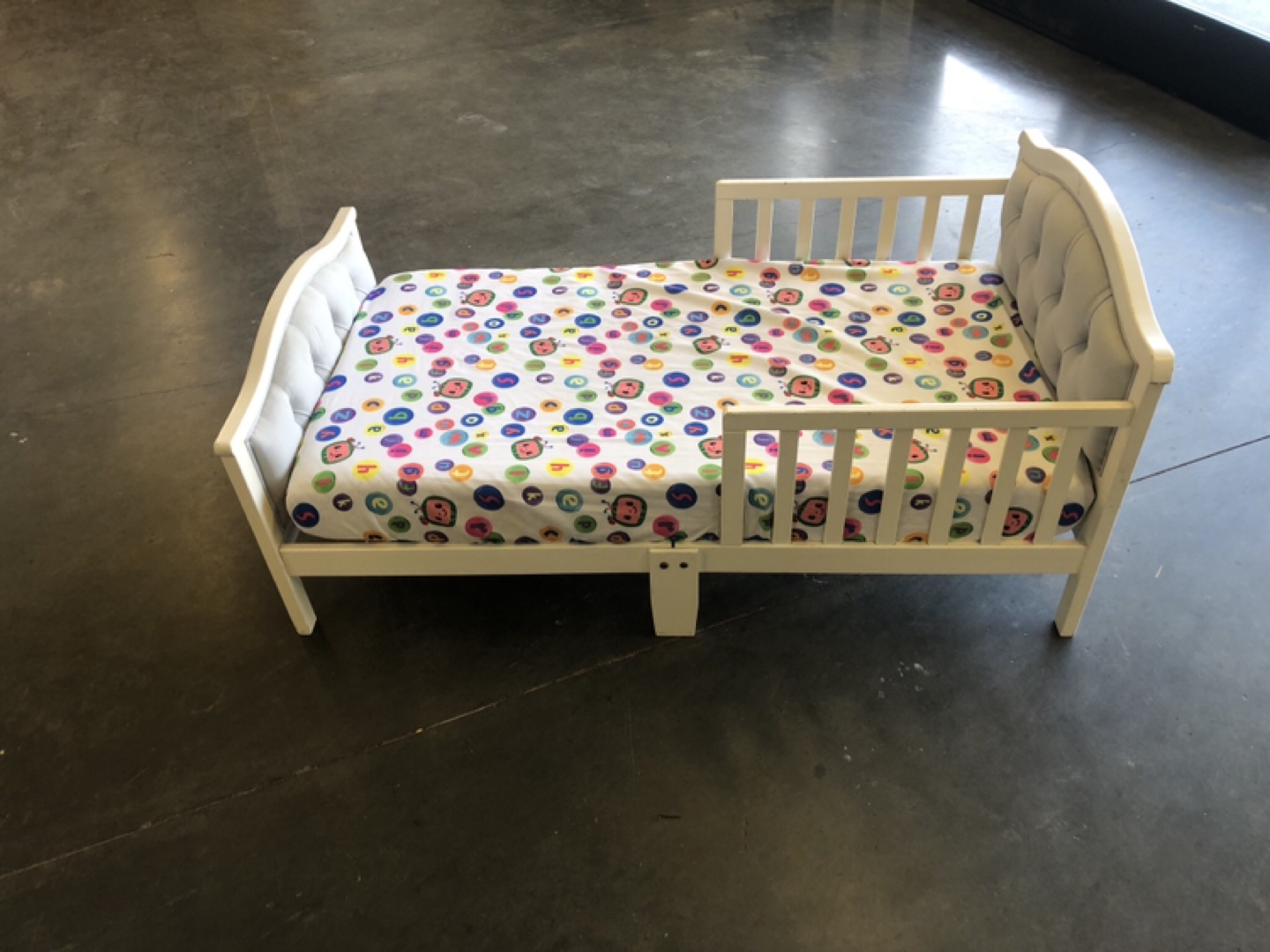 White Toddler Bed with Grey Cushion Headboard & Footboard