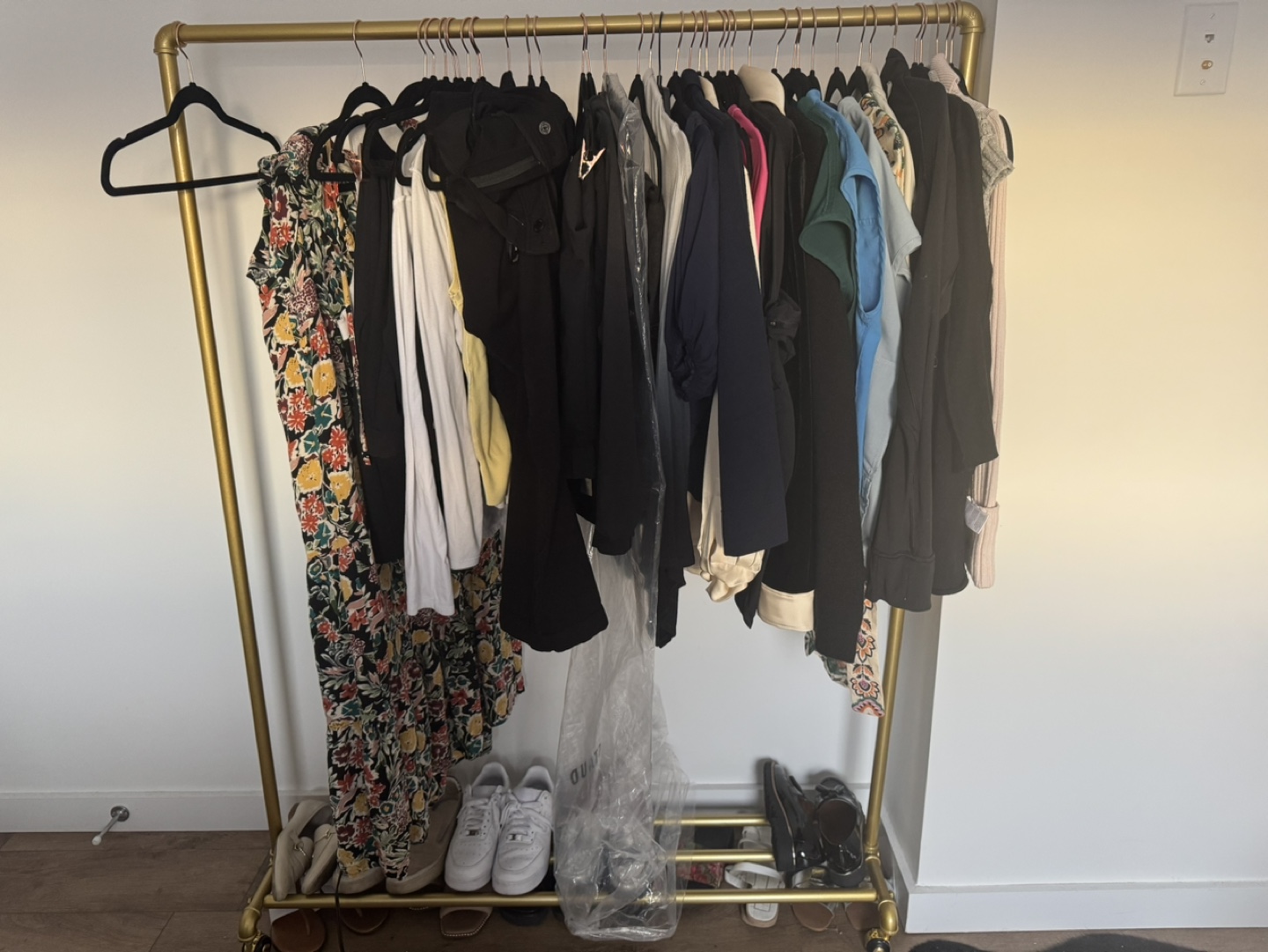 Gold Garment Rack with Shelf and Wheels