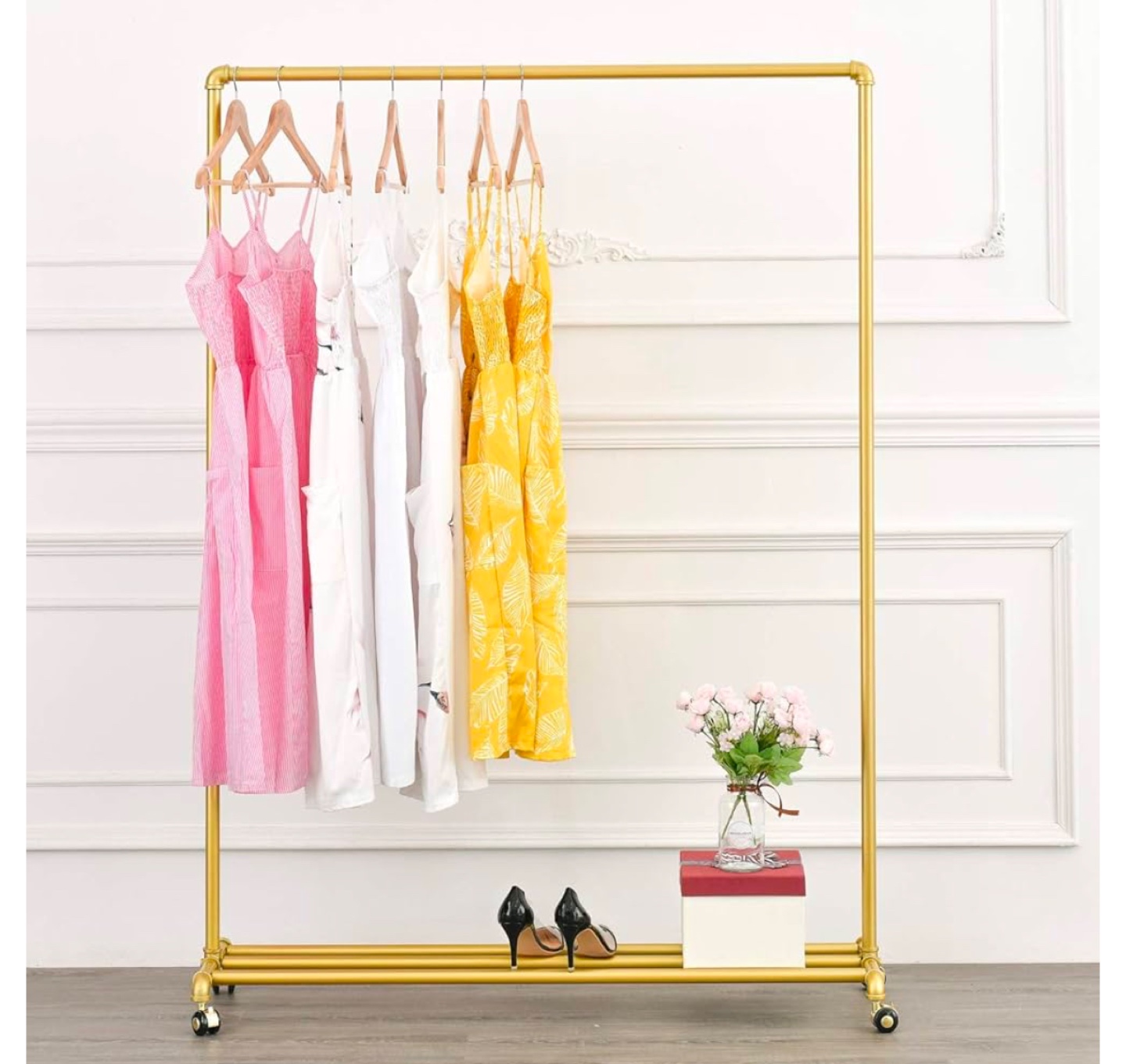 Gold Garment Rack with Shelf and Wheels - photo 3