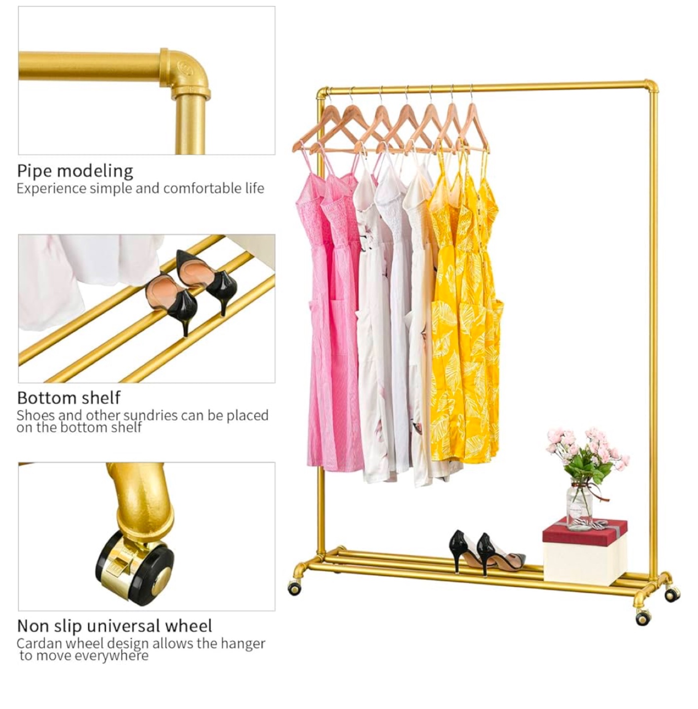 Gold Garment Rack with Shelf and Wheels - photo 2