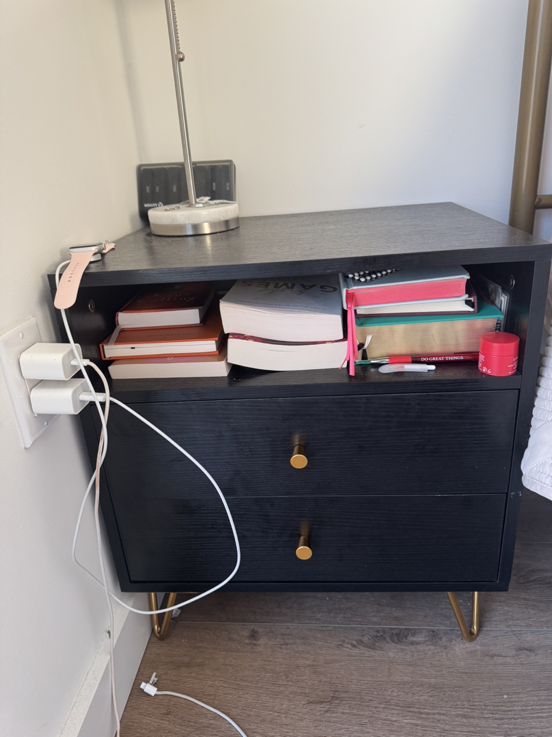 Black Two-Drawer Nightstand with Gold Legs