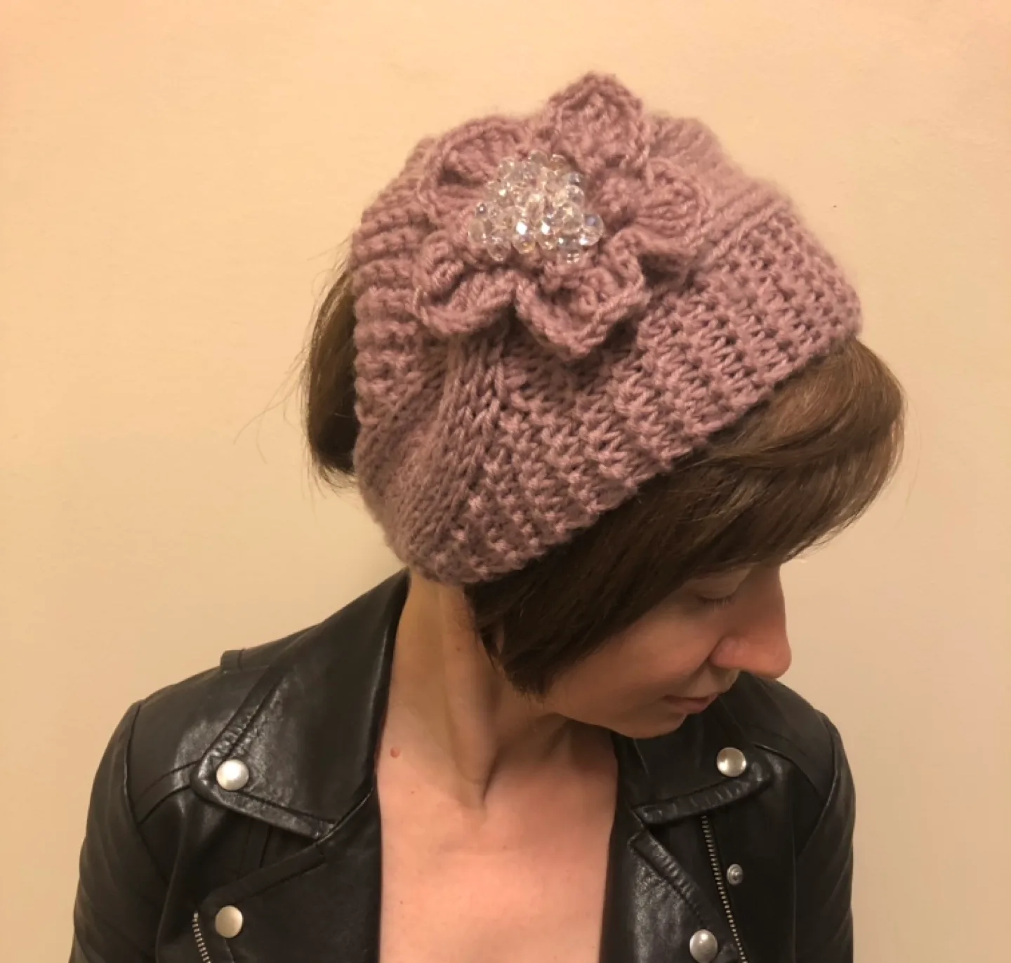 Knitted Ear Warmer Headband with Crystal Flower Detail image indicator(7)