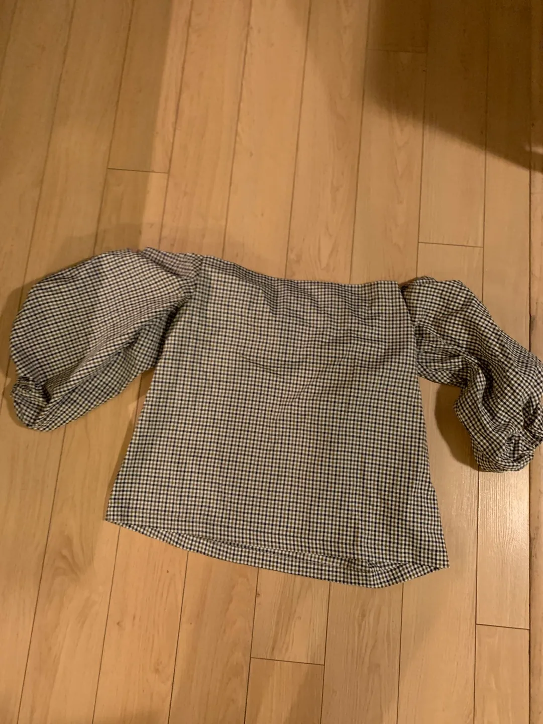 Off-the-shoulder gingham blouse thumbnail