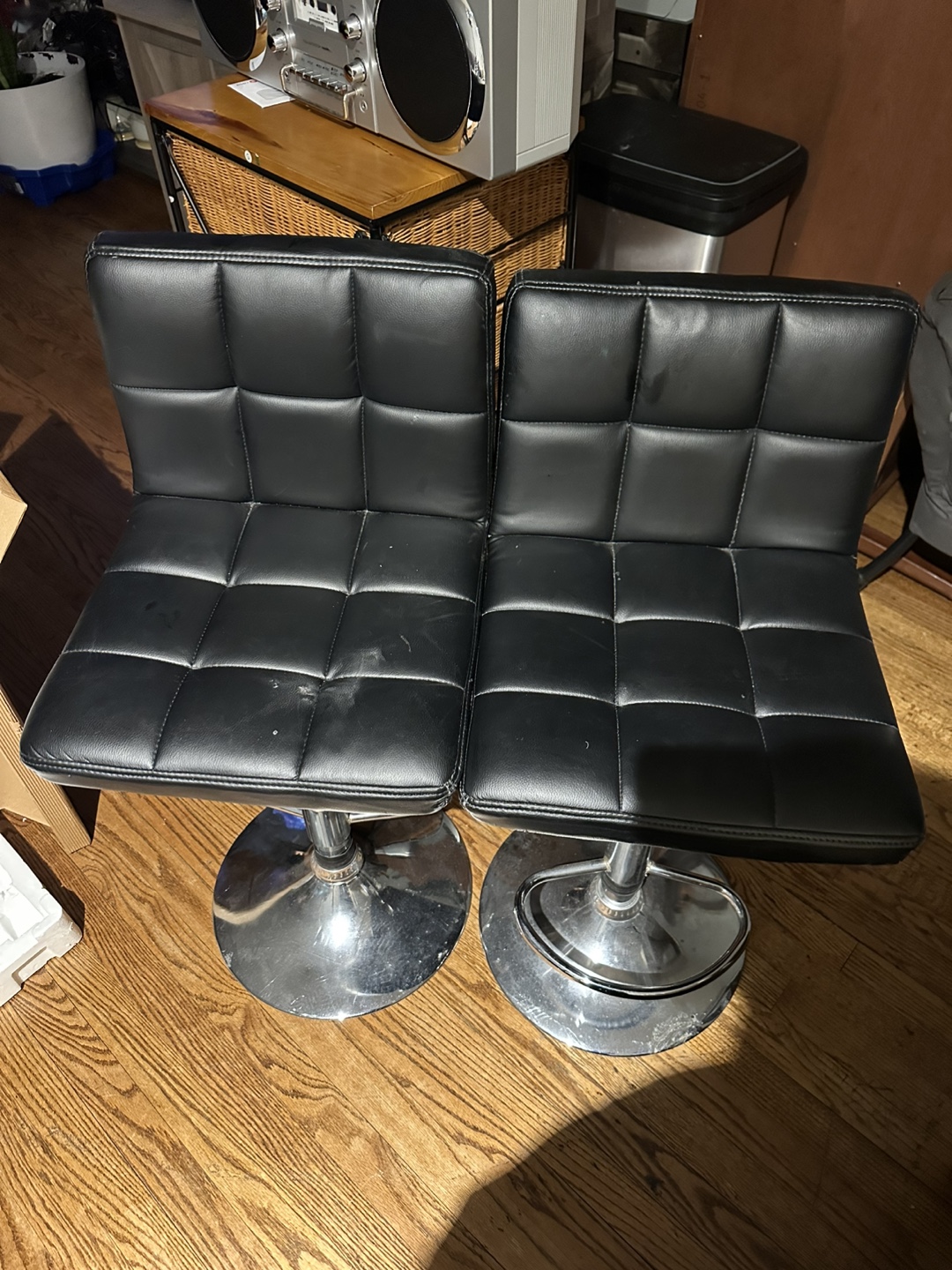 Pair of Black Leather Bar Stools