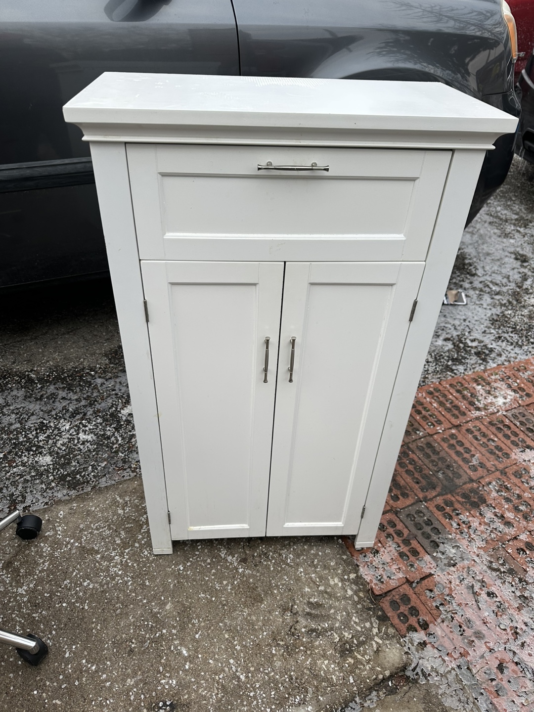 White Wooden Cabinet with Drawer and Shelves