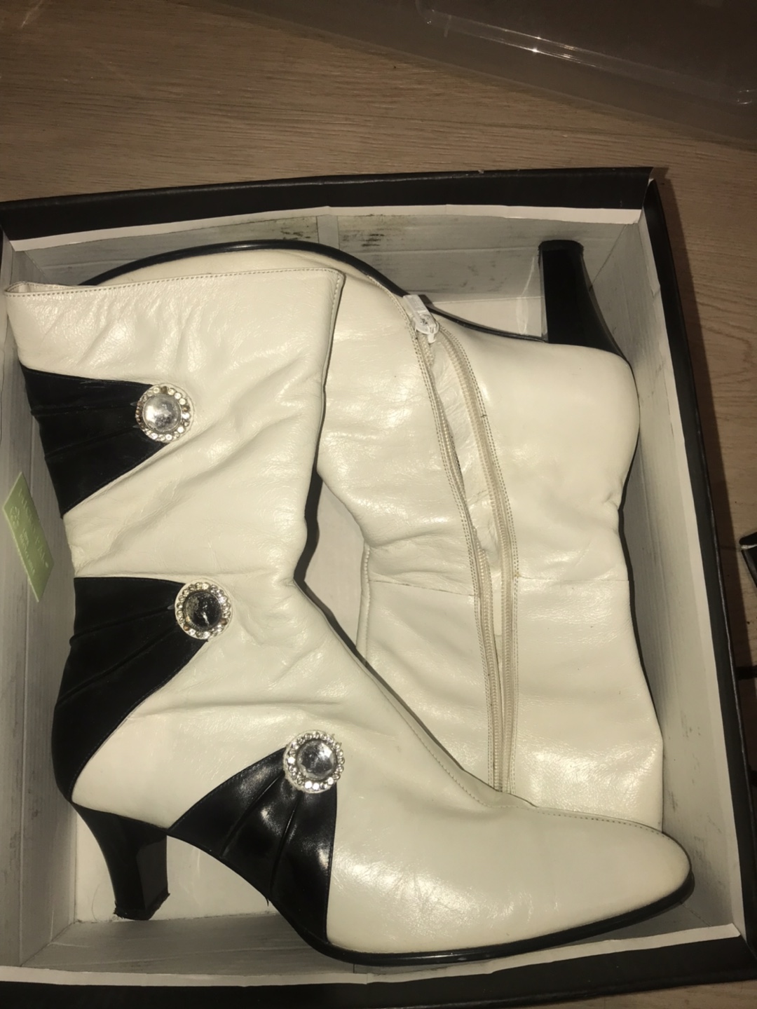 Black and White Leather Boots with Rhinestones