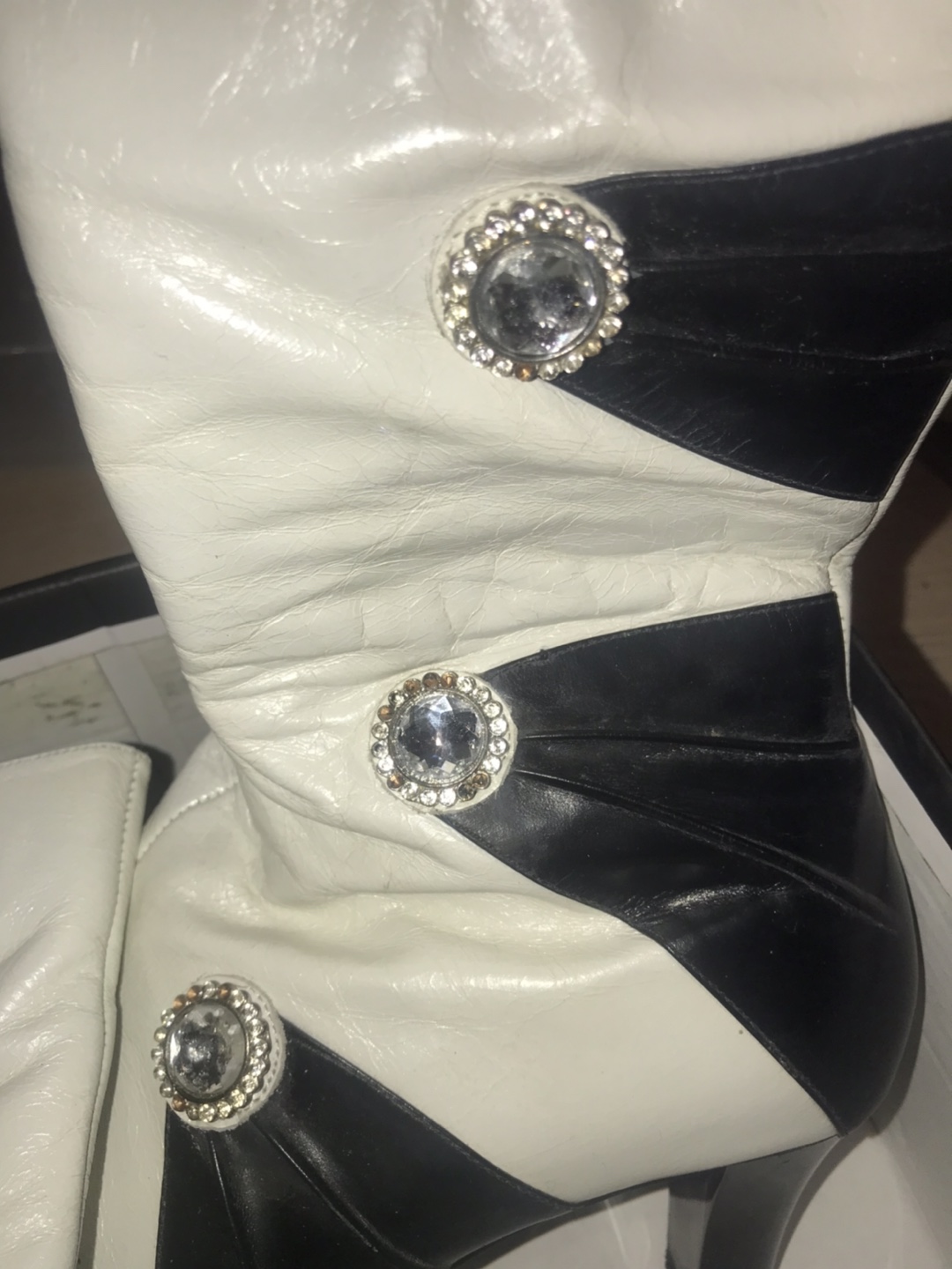 Black and White Leather Boots with Rhinestones - photo 3